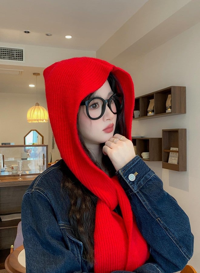 وشاح شتوي نسائي محبوك بغطاء رأس، لون موحد، طويل، قبعة، دافئ، قبعة صوفية، قبعة صغيرة حمراء - Image 5